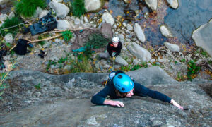 Aerial view of two female rock climbers in Santa Barbara County.