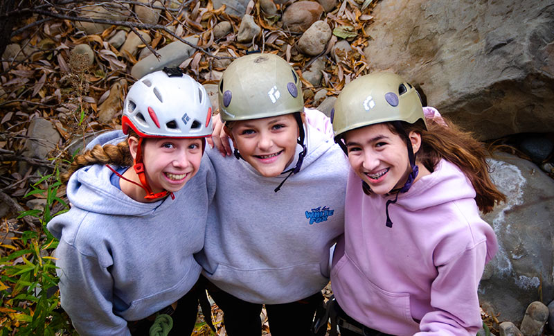 santa-barbara-rock-climbing-course-6c Three teenage girls getting ready to go rock climbing in Santa Barbara, California