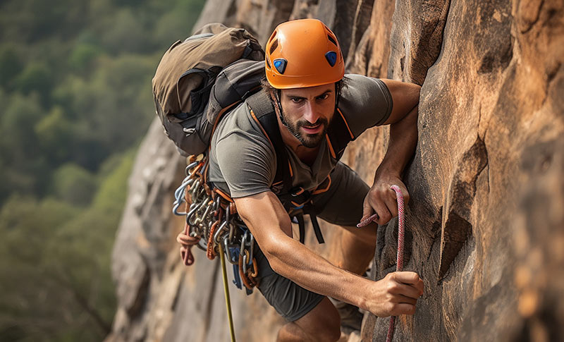 Intense closeup of a rock climber on a steep sandstone wall in the Santa Barbara backcountry